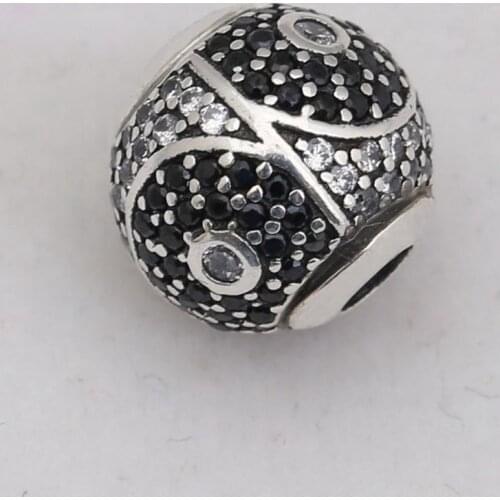 S925 Silver BALANCE Charm Clear CZ & Black Crystal for Essence Bracelet Bangle Lady Jewelry Gift Small Hole