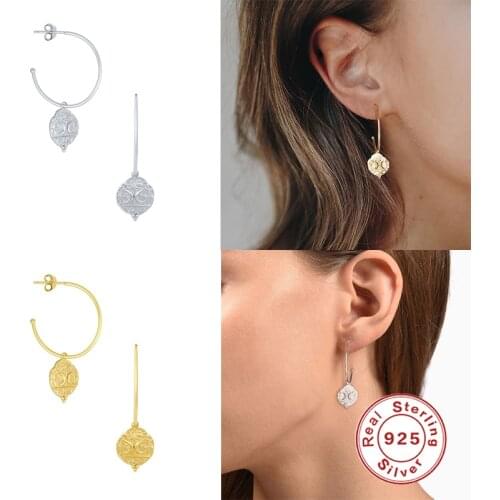 GS 925 Sterling Silver C Shape Big Circle Stud Earrings With Leaf Shape Pendant Moon Star Pattern Piercing Earring For Women