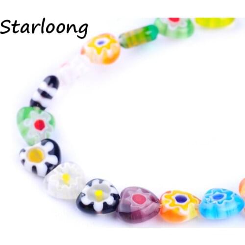 47pcs/string 8mm colors mixed heart shape flower flat lampwork glazed glass beads for bracelet necklace DIY jewelry making