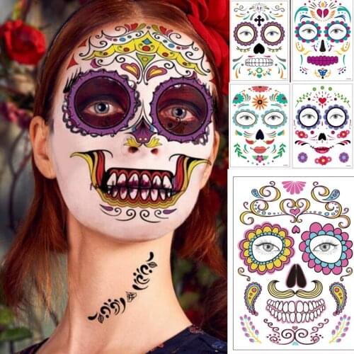 Halloween Temporary Tattoos Stickers kit Mask Halloween Day of The Dead Sugar Skull Full Face Tattoo Skeleton Roses Party
