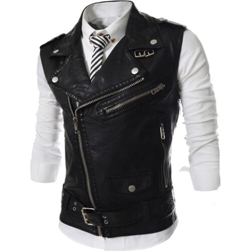 High Quality Summer Mens Casual Vest Fashion PU Leather Lapel Collar Male Zipper Vest Slim Fit Sleeveless Chalecos Para Hombre