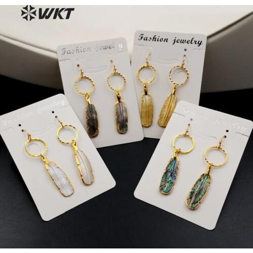 WT-E375 WKT New Design Abalone Shell Feather Earring With Gold Electroplated Earring Popular Shell Feather Earring Women Gift
