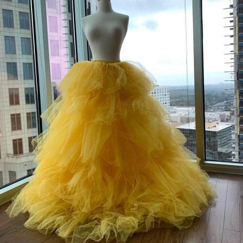Plus Size Yellow Long Tulle Skirt Elastic Waistband Ruffles Custom Made Women Formal Event Maxi Tulle Skirts