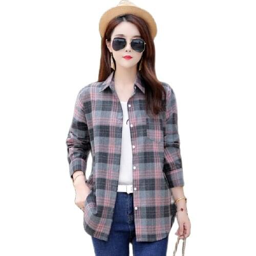 Korean Style Long Sleeve Womens Cotton Plaid Shirt Fashion Wild Slim Womens Shirt 2020 Spring and Autumn Womens Plaid Shirt