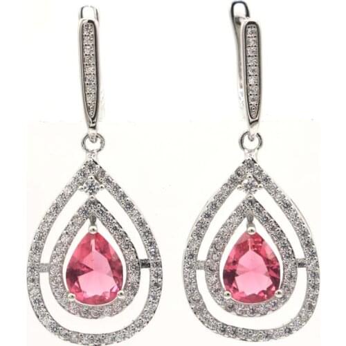 37x15mm Delicate Fine Cut 10g Created 18x15mm Golden Citrine Pink Tourmaline For Women Daily Wear Silver Earrings Eye Catching