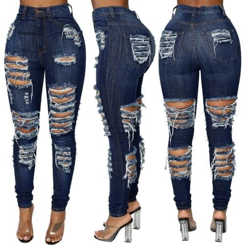 Women Slim Pants Washed Ripped Hole Gradient Long Jeans Denim Sexy Regular Pants Plus Size S-2xl Jean Women Leggings Clothes