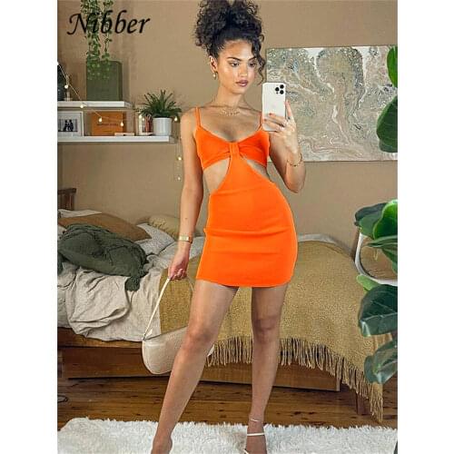 NIBBER 2021 Summer Women Sexy Hollow Out Solid Basic Sling Mini Dress New Fashion Rib Knit Party Vacation Beach Bodycon Dresses