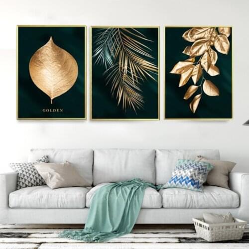 Abstract Green Golden Plant Leaf Poster Modern Luxury Canvas Painting Wall Art Posters and Prints for Living room Home Decor