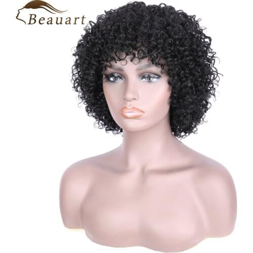 Beauart 100% Human Hair Afro Curly Kinky Full Wigs For Black Women Whole Head Short Curls Machine Made Non Lace With Hair Bangs