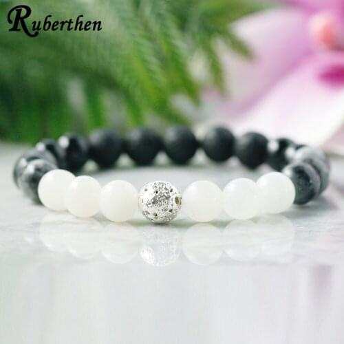 Ruberthen A Grade Moonstone Silver Plated Lava Bracelet Gray Larvikite Black Tourmaline Bracelet Womens Lava Energy Bracelet