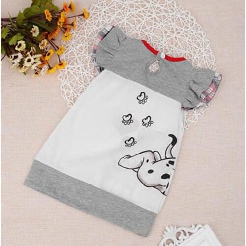 New Arrived Baby Girls Summer Cute Dress Lovely Bowknot Cartoon Dog Print O-Neck Fly Sleeve Casual Dresses For Girl Child Dress