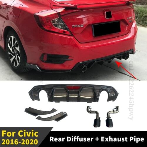 Carbon Fiber Rear Bumper Diffuser Lip Modified Protector Sport Splitter Trim Exhaust Pipe For Civic 2016 2017 2018 2019 2020
