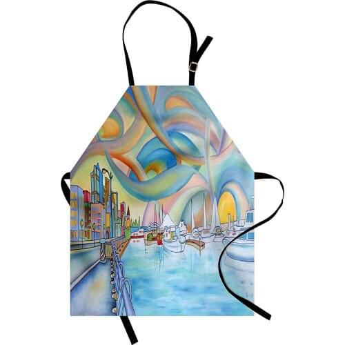 Seattle Apron Abstract Waterfront Pattern Colorful Port with Boats Oil Painting Illustration Kitchen Accessories Cooking Baking
