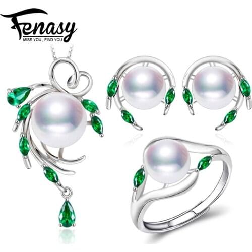 FENASY 925 Sterling Silver Natural Pearl Emerald Jewelry Sets Leaf Earrings Necklace Pendant Engagement Ring Sets For Women