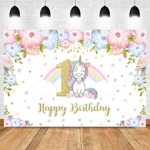 1st Birthday Unicorn Background Rainbow Flower Stars Decoration Photography Background Girl Children Birthday PartyBackdrops