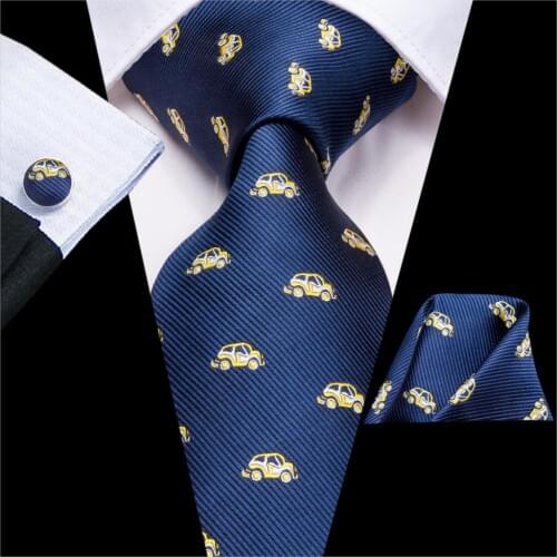 Hi-Tie Navy Print Silk Ties For Men Handkerchiefs Cufflinks Set Cartoon Car Style Mens Tie Gift For Men Party Jacquard Gravata