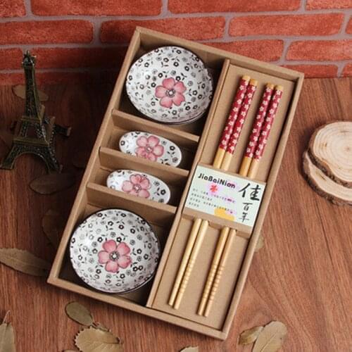 Japanese Style Cherry Blossom Ceramic Sushi Dishes Sashimi Soysauce Dish Dinnerware Set Tableware Set Gift Box (12Pcs/Set)
