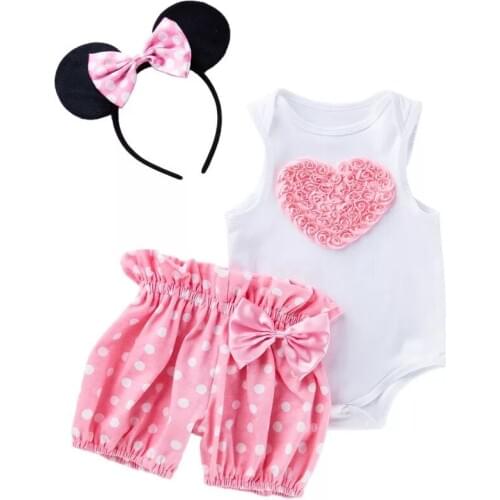 Baby Clothing Sets Infant Girl clothes Newborn Cartoon Love Suit Toddler Short Sleeve Romper +Dot Trousers+Headband Baby Clothes
