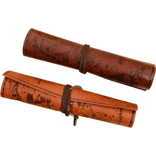 Creative Treasure Map Retro Canvas Leather Large Volume Roll Bag Cute Simple Stationery Box Rolling Pencil Case Pouch Stationery