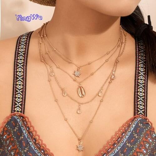 Boemian Layered Necklace Water Drop Crystal Stone Pendant Shiny Sun Summer Shell Chockers Women Jewelry