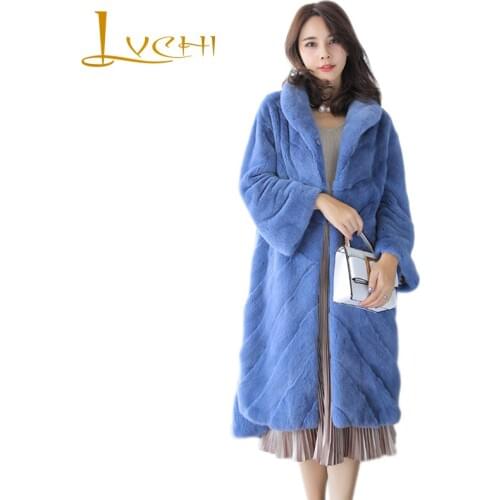 LVCHI Winter 2019 Import Swan Velvet 3 Color Office Lady Real Mink Fur Coat Womens Mandarin Collar X-Long Sashes Mink Coats