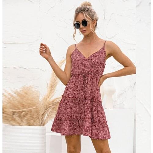 Summer Womens Sexy Spaghetti Strap V-Neck Cross Dress Lady Sleeveless Mini Dress Vintage Flower Printed Patchwork Vestidos Femme