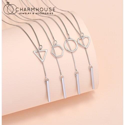 Purel Silver Necklaces For Women Triangle/Heart/Round Geometric Bar Pendant Necklace Collier Femme Wedding Jewelry Party Gifts