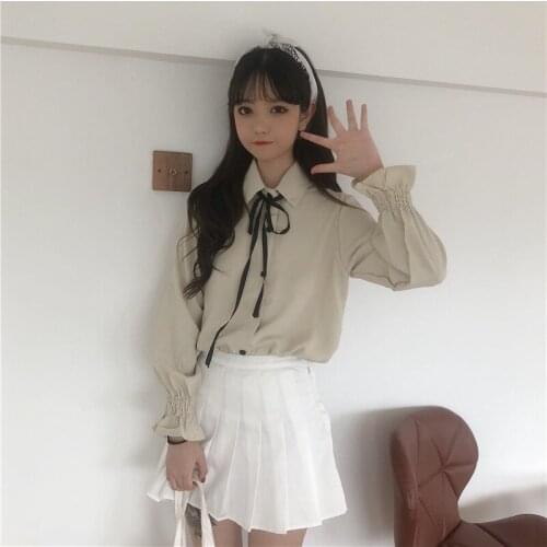 Shirts Women Long Sleeve School Students Lovely Lantern Womens Shirt Turn-down Collar Korean Style Simple Leisure Females Blouse