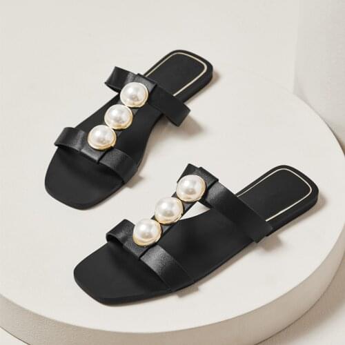 ZA Sandals Womens Flat Bottom 2021 Summer New Fashion Pearl Square Head Flat-Heeled Sandals Black Lazy Slippers Women Luxury
