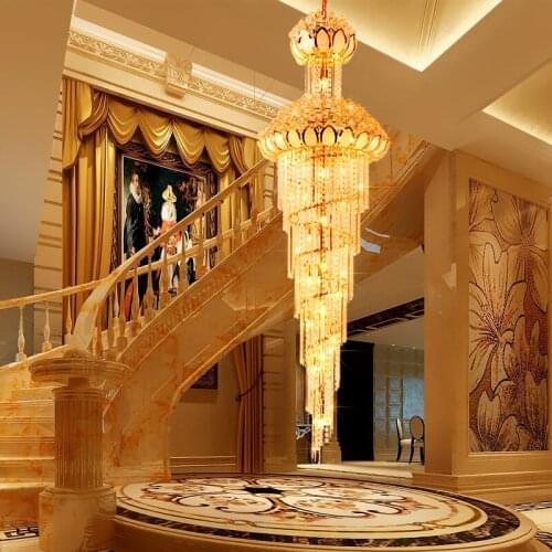 Modern Crystal Chandelier LED Lights American Golden Lotus Flower Long Chandeliers Lights Fixture Hotel Home Indoor Lighting