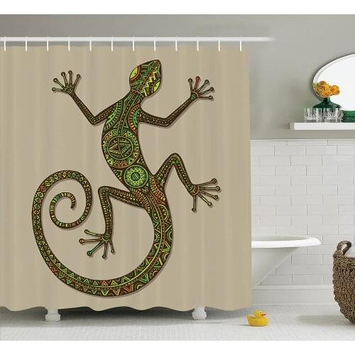 Reptile Shower Curtain Ornamental Colorful Lizard with Ethnic Patterns Moving Around Exotic Creature Theme Bathroom Curtains