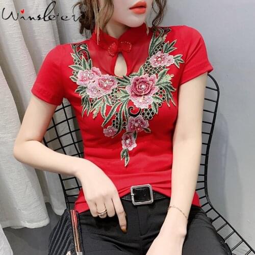 New 2020 Folk T shirt Women Stand Collar Flower Embroidery Diamonds Short Sleeve Ethnic Tops Slim Stretchy Red Black T02813B