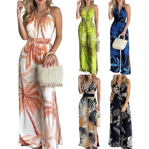 Women Loose Style Jumpsuit Printed Pattern Deep V-neck Sleeveless Off-the-shoulder Overalls S/ M/ L/ XL/ XXL