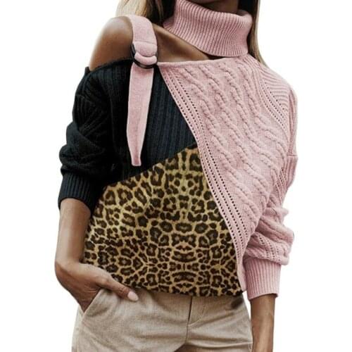 Sexy Leopard Pink Patchwork Womens Turtleneck Sweater Off Shoulder Long Sleeve Knitted Sweaters Pullovers Streetwear Winter Tops