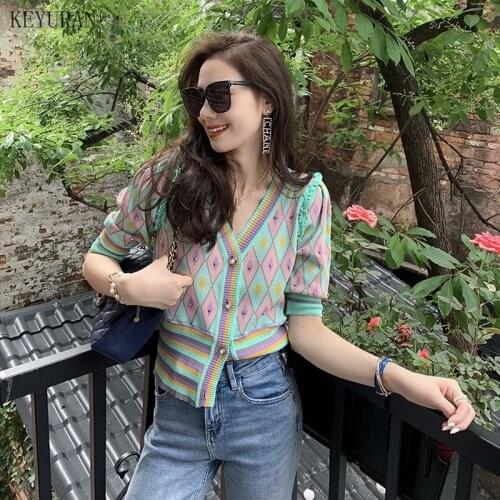 Diamonds Argyle Knitted Cardigan Sweater Women Spring Summer V-Neck Single Breasted Ruffles Knitwear Top Vintage Elegant Jumpers