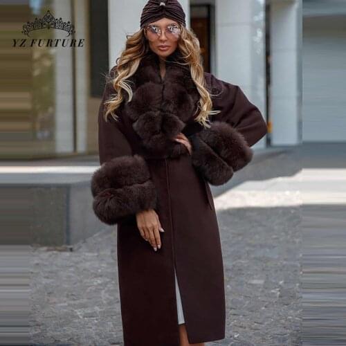 2020 new Fashion Wool Blend Coat Jacket With Natural fox Fur Collar sleeves Long Coffee Women Luxury Winter Coats NZ-025