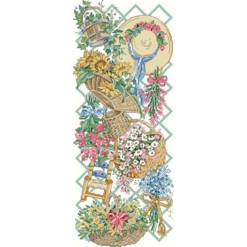14/22/25ct Lovely Counted Cross Stitch Kit Bouquets and Baskets on the fence sunflowers roses hat Dimensions 13575
