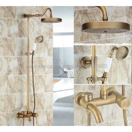 Antique Brass Shower Faucets Shower Set Faucet Tub Mixer Tap Handheld Shower Wall Mounted Rainfall Bath Shower Krs228