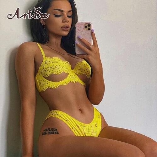 Artsu Lingerie Sexy Yellow Underwear Push Up Underwire Bra Brief Sets Lace Erotic Setup Ladies Exotic Sets Intimate Woman