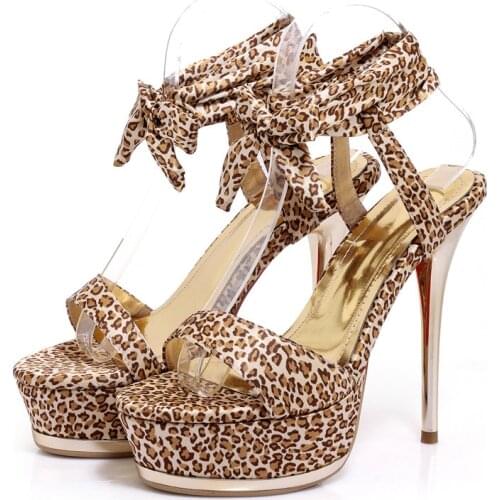 Sexy Leopard Print Womens Sandals Shoes Fashion Silk Riband High Heels Platform Gladiator Sandals Women Summer Womens Shoes