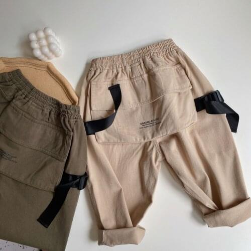 Childrens Cargo Pants Autumn Winter New Baby Boys Solid Loose Big Pocket Cargo Pants Kids Casual Elastic Waist Fashion Trousers