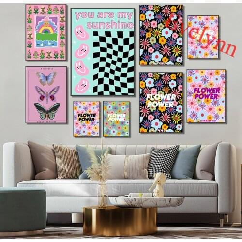 Flower Power 60s 70s Hippie Poster,Boho Butterfly, Abstract Artwork,Mid Century Modern, Home Decor Canvas Wall Art Prints Gift