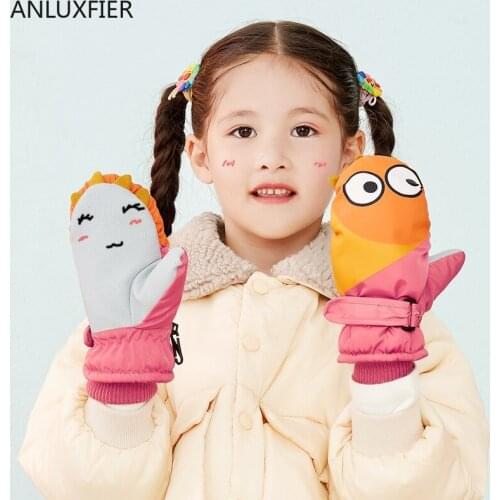 H10010 Children Ski Gloves Autumn Winter Outdoor Waterproof Plush Thick Warm Mittens Kids Thermal Cartoon Cute Lovely Hand Muff