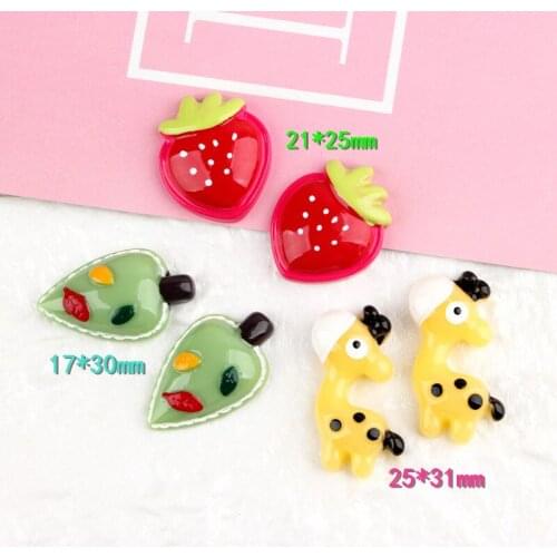 Flatback Resin Cabochons 50pcs/Lot Colorful Cute Fruit Strawberry Leaf Animal DeerClay Beads Girl Hair Jewelry DIY Cameo