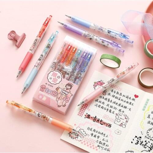 6pcs/Set Gel Pen Cute 0.5mm Balck Ink Press Gel Pen Writing Pen School Office Supply Kawaii Stationery For Student