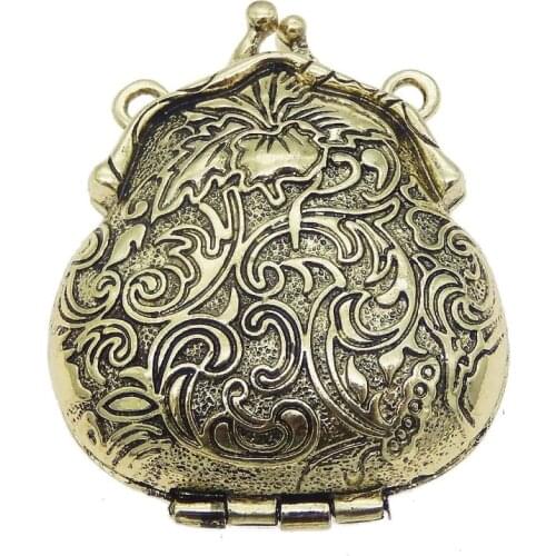 GraceAngie 2PCS Charms Antique Bronze Purse Shape Flower Pattern Locket Alloy Pendants Vintage Jewelry 54*45MM Open&Close Retro