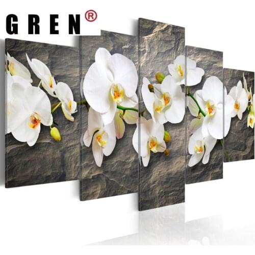 GREN 5 Panels Canvas Art White Flower Painting for Home Decor Orchid Canvas Wall Art Pictures for Living Room Decor No Frame