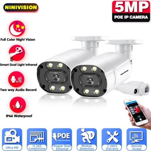 NINIVISION Two -Way Audio AI Face Detection Alarm H.265 5MP IP Camera Color Night Vision PoE Outdoor Bullet Security Camera