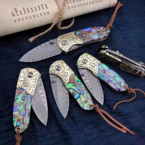 Pocket Folding Knife Damascus Blade SeaShellHandle Knives Survival Camping Hunting Tactical Knife EDC Tools