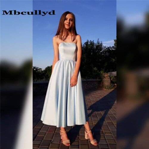 Mbcullyd Tea Length Short Prom Dresses With Pocket Strapless Evening Dress For Women Cheap Under 100 vestidos de fiesta de noche